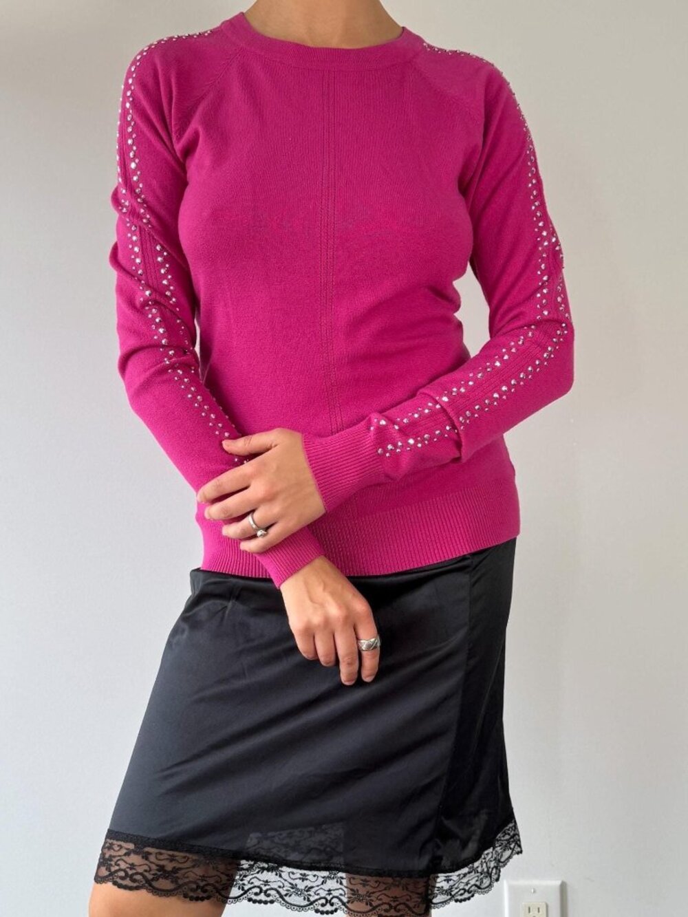 Y2K vintage bright hot pink embellished studded rhinestones fitted shirt sweater